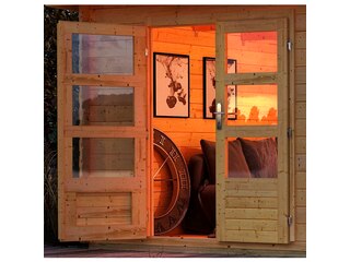 Karibu Bastrup 7, naturbelassen, Fichtenholz 28mm, 674,5 x 297 x 222 cm, Pultdach, Anbau 3m mit Rückwand -